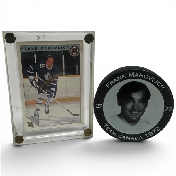 Signed Frank Mahovlich Toronto Maple Leafs Hockey Cards and Puck