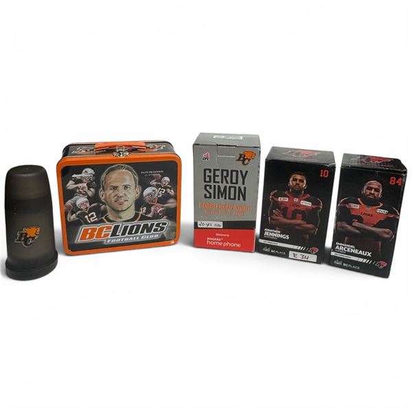Collection of BC Lions Bobble Heads and Lunchbox