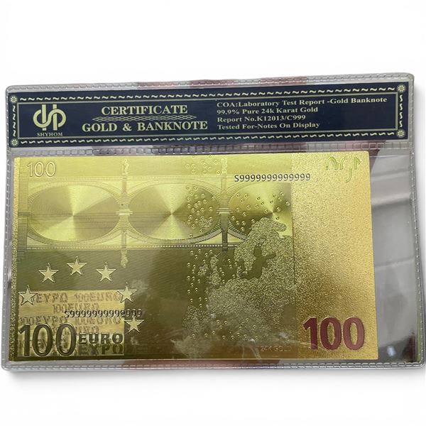 24KT Gold Plated 100 Euro Novelty Bank Note in Protective Certificate Pouch