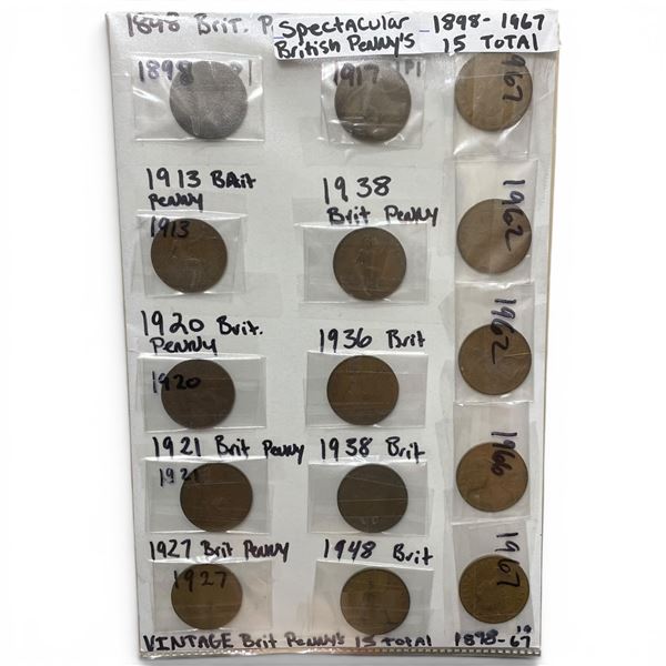 15 Vintage British Large Pennies - 1898 - 1967