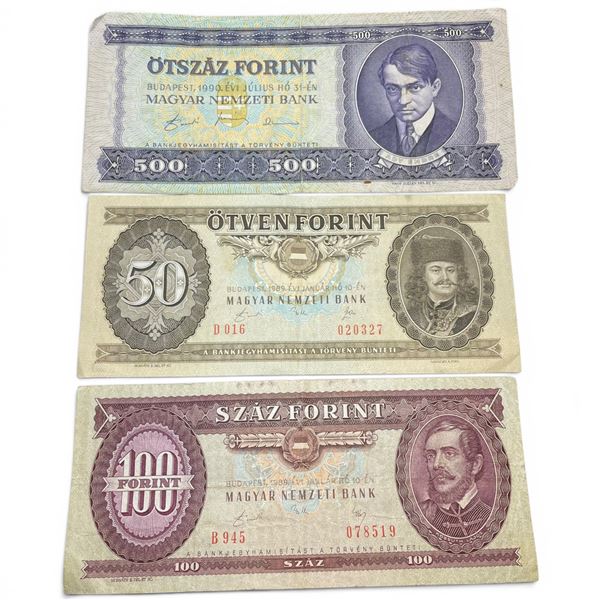 3 Vintage Hungarian Forint Bank Notes - 1989 (50 and 100 Forint) and 1990 (500 Forint)
