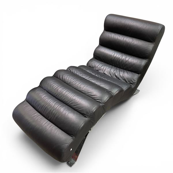 Channeled Leather Chaise Lounge, Black - 6' long