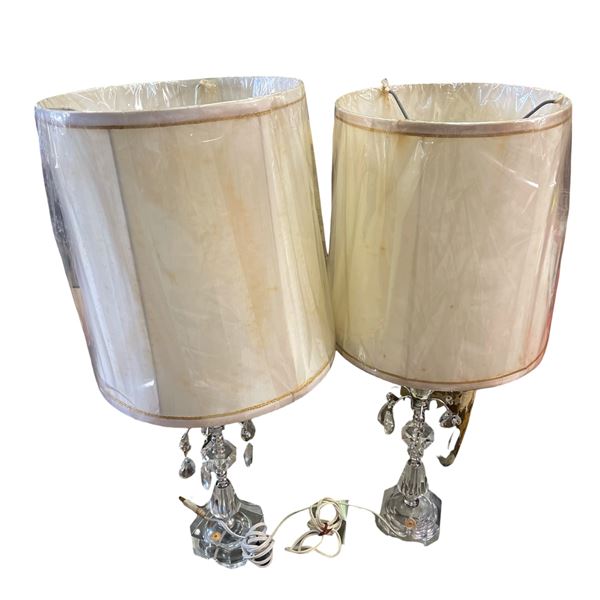 Pair of Vintage Lamps with Glass Bases & Plastic Wrapped Shades