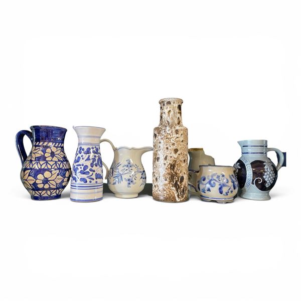 Shelf - Vintage Jugs and Pitchers - Quite a few Westerwald salt-glazed stoneware jugs