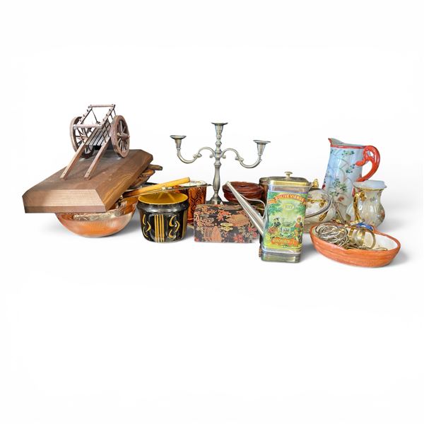 Shelf - Misc. Collectables - Candle Holder, Olive Oil Jug, Napkin Holders, Creamer, Wooden Cart, Etc