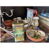 Image 2 : Shelf - Misc. Collectables - Candle Holder, Olive Oil Jug, Napkin Holders, Creamer, Wooden Cart, Etc