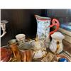 Image 3 : Shelf - Misc. Collectables - Candle Holder, Olive Oil Jug, Napkin Holders, Creamer, Wooden Cart, Etc