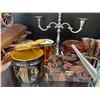 Image 5 : Shelf - Misc. Collectables - Candle Holder, Olive Oil Jug, Napkin Holders, Creamer, Wooden Cart, Etc