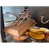 Image 6 : Shelf - Misc. Collectables - Candle Holder, Olive Oil Jug, Napkin Holders, Creamer, Wooden Cart, Etc