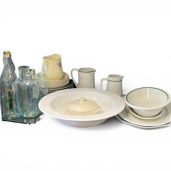 Shelf - Vintage Glass Bottles, Serving Dishes, Hotel Ware & Sunshine England Creamer