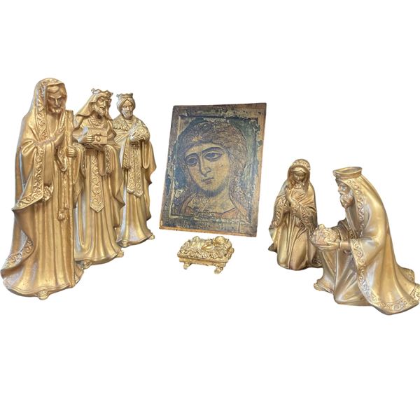 Nativity Scene - Vintage Gold Tone w/ Christian Orthodox Portrait