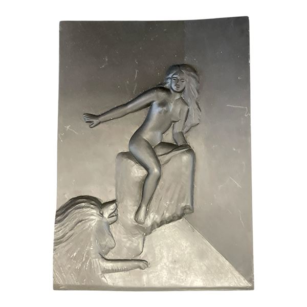 Carved Slate Wall Plaque of Woman with Lion - 6" x 8" x 1" thick