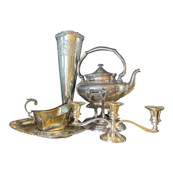 Group - Silver Plated Candle Holder, Tea Pot, Vase, Platter & Creamer