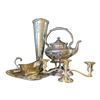 Image 1 : Group - Silver Plated Candle Holder, Tea Pot, Vase, Platter & Creamer