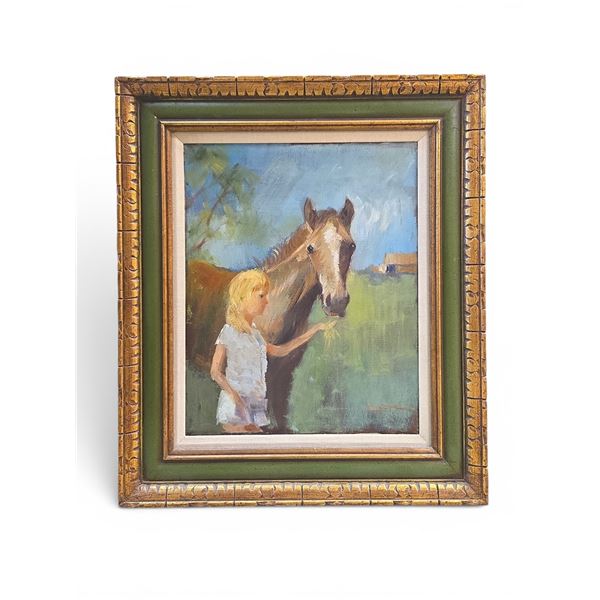 Framed Acrylic on Canvas Painting of Girl w/ Horse