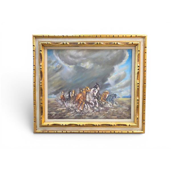 Framed Acrylic on Canvas Painting of Running Horses
