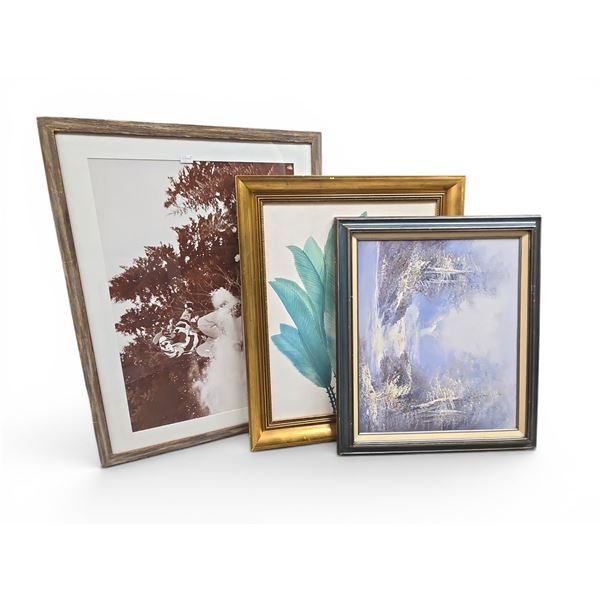 5 pc - Framed Photograph of Snowboarder (38x28") / Winter Scene / Woman w/ Dog Portrait / Acrylic Fl