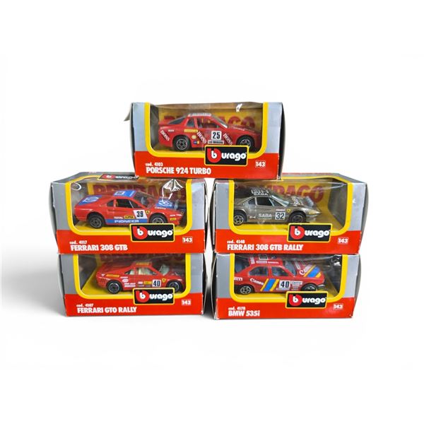 Collection of 5 Burago 1:43 Scale Diecast Cars: Ferrari, Porsche and BMW