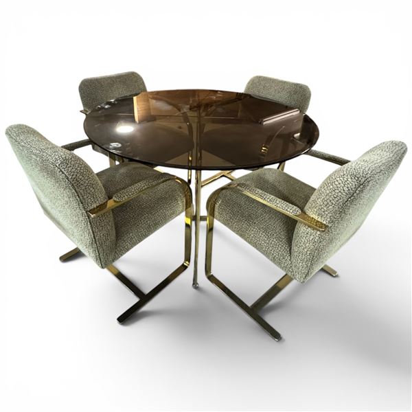 Milo Baughman Style Dining Set Glass Top Table with Brass Lags and Chair Supports