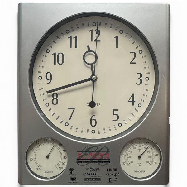 E Roko Advertising Weather Station Wall Clock - Runs Silently - 10.5" x 12.5"