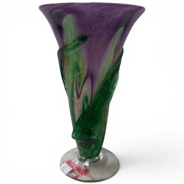 Signed Arte Vargas Vase - Purple with Gold Fleck & Applied Leaf - 9" tall x 5" diameter at the top