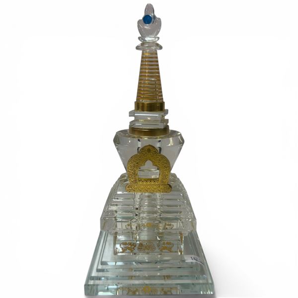 Art Glass Pagoda Stupa Perfume Bottle - 10" tall on a 5" x 5" base (One tiny chip on the stopper)