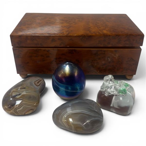 Vintage Reuge Swiss Burl Walnut Veneer Music Box & Group of 4 Stone & Crystal Collectibles