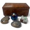 Image 1 : Vintage Reuge Swiss Burl Walnut Veneer Music Box & Group of 4 Stone & Crystal Collectibles
