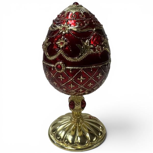 Enameled Russian Style Musical Egg with Rotating Christmas Scene Inside - 7" tall x 4" diameter (Spr