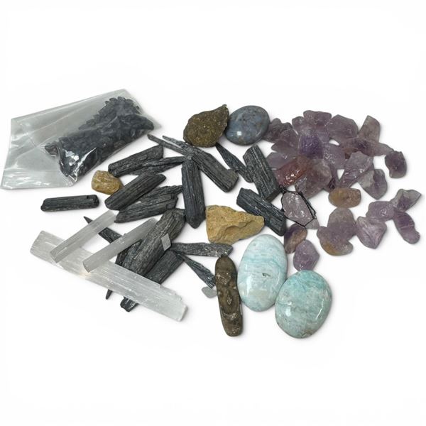 4.5 Pounds of Amethyst, Selenite, & Other Stones & Gems - Some polished and some raw