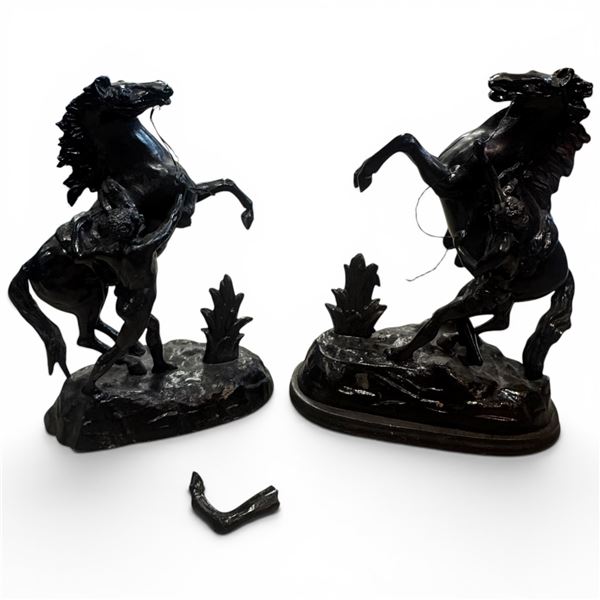 2 Vintage Spelter "Marly Horses" with Dark Finish in the Style of Guillaume Coustou (One has a broke