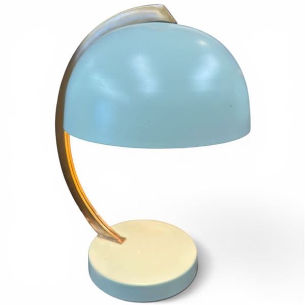 Retro Celedon Green Metal Lamp with Brass Arm - 14" tall with 9" diameter shade  (small dent in the 