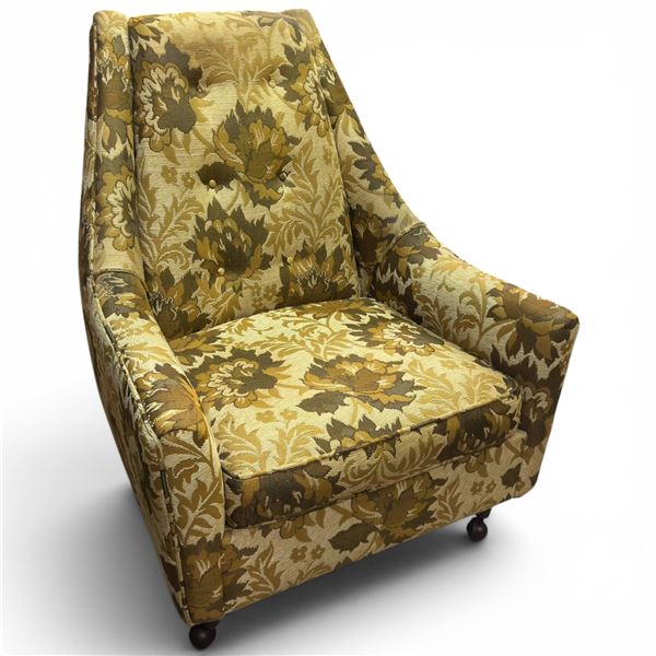 1960s/70s High Back Arm Chair on Casters with Olive and Gold Floral Upholstery