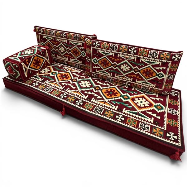 Burgundy Arabic Majlis Sofa Set - Traditional Geometric Kilim Pattern (28" x 72" x 5" thick seat wit
