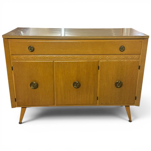 Mid‑Century Sideboard Carved Trim, Brass Pulls, 47.75×17.75×35"