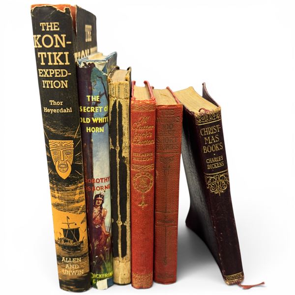 Vintage Book Lot - Stevenson, Thackeray, Dickens, Heyerdahl & Others (6 Volumes)