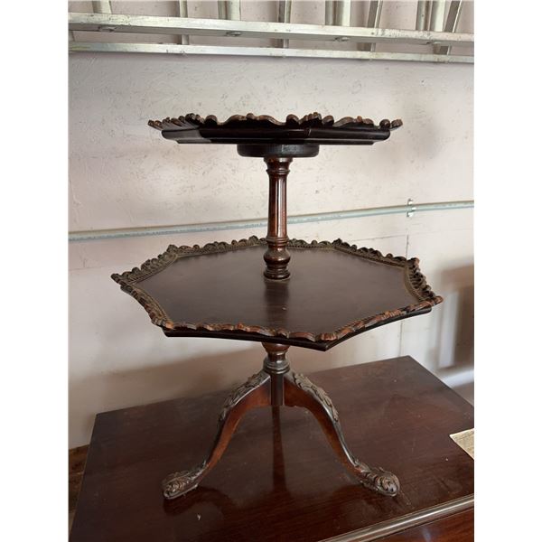 Two-Tiered Wooden Carved Dessert Stand