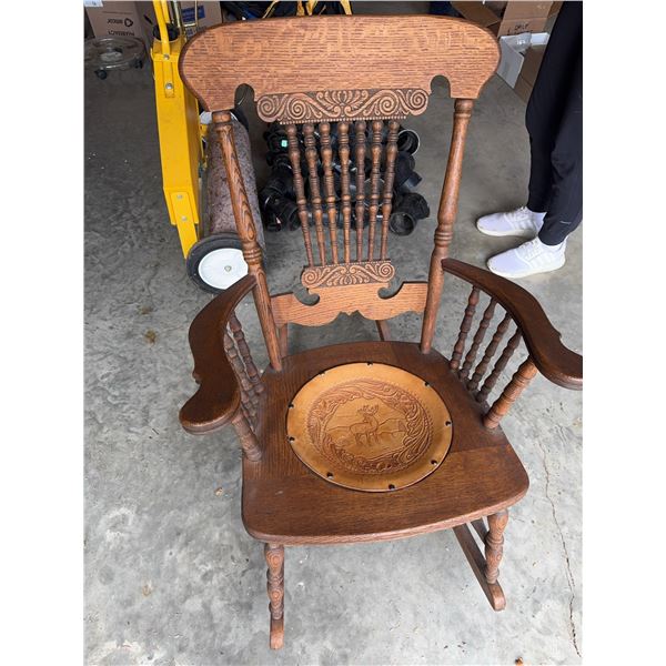 Oak Rocking Chair with Tooled Leather Seat