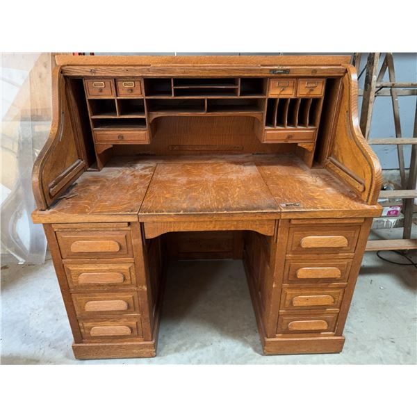 Oak Roll Top Desk with Multiple Drawers