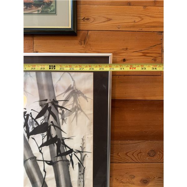 Framed Asian Ink Painting Bamboo Birds