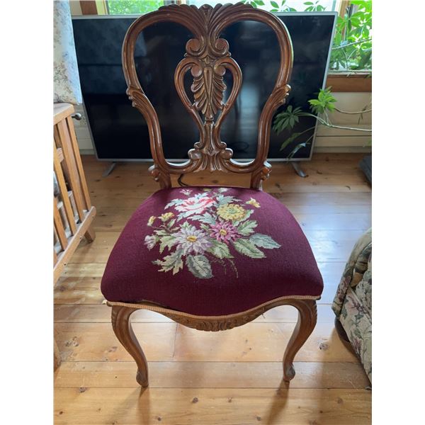 Carved Wood Side Chair with Floral Needlework
