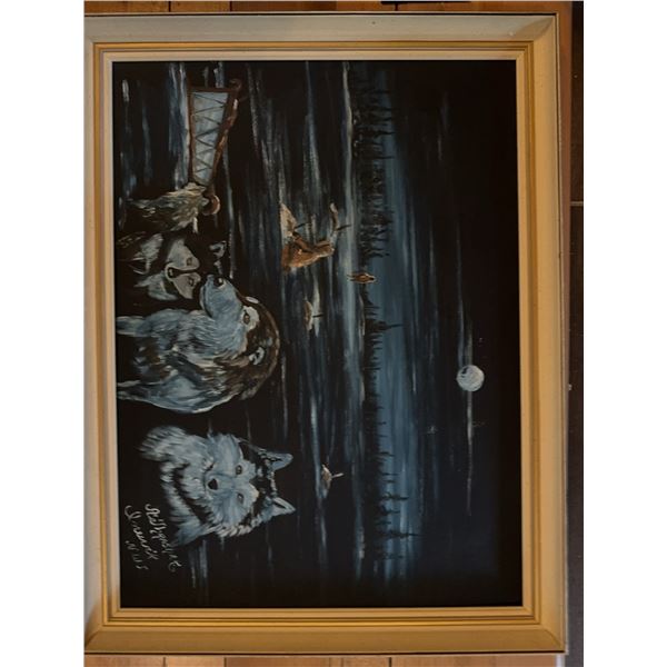 Acrylic Painting of Wolves and Canoe Scene