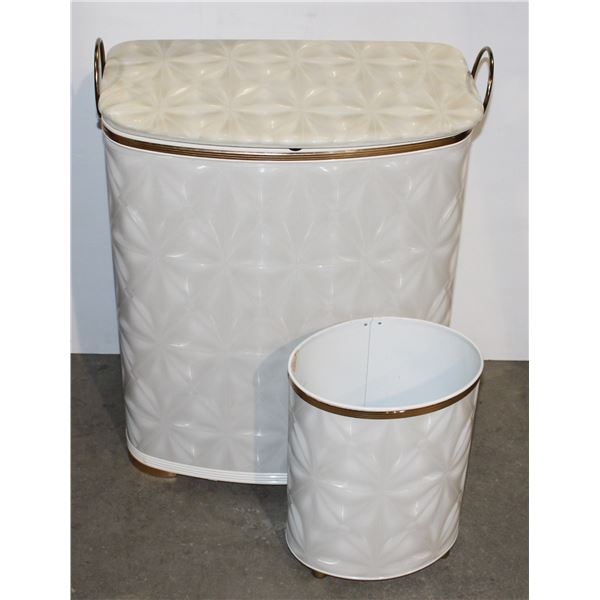 VINTAGE METAL LAUNDRY BASKET WITH MATCHING WASTE BASKETS