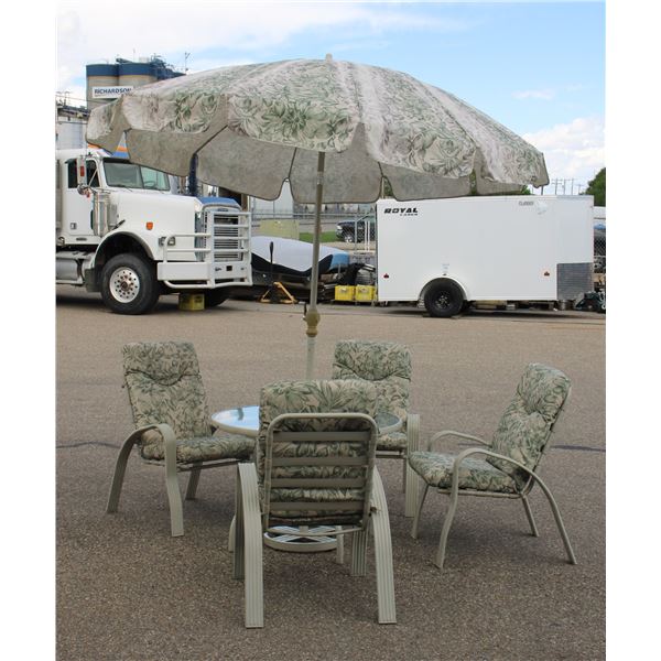 GREEN + TAN PATIO SET WITH UMBRELLA + STAND