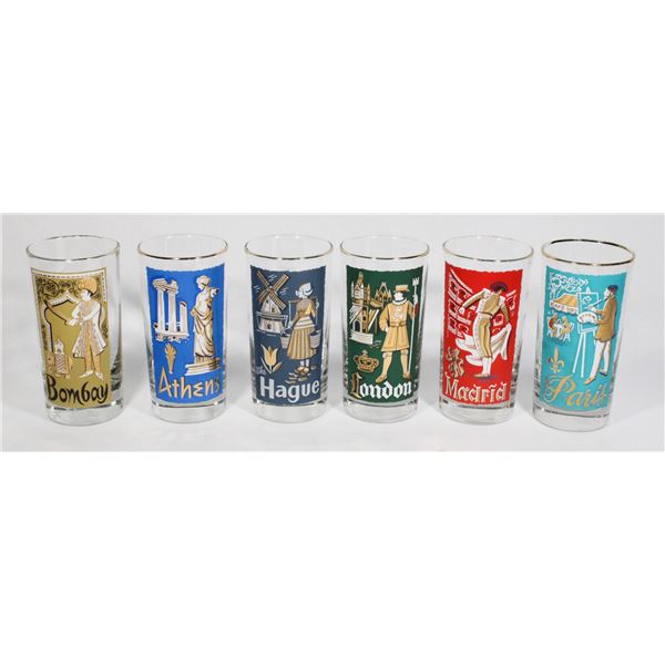 6 VINTAGE LIBBEY INTERNATIONAL CITIES OF THE WORLD HIGHBALL GLASSES