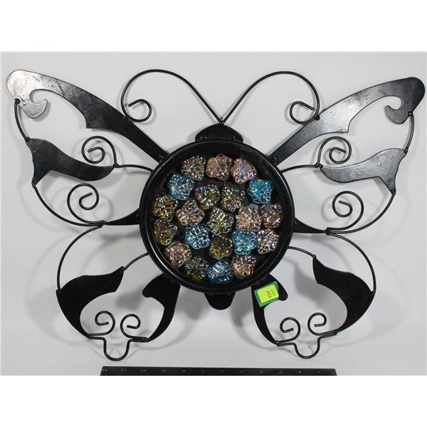 OUTDOOR FENCE DECORATION - BLACK BUTTERFLY WITH IRIDESCENT GLASS CENTER