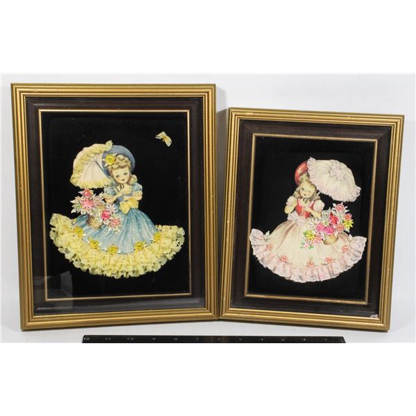 PAIR OF VINTAGE 1970'S FRAMED 3D RIBBON ART OF GIRLS ON BLACK VELVETEEN