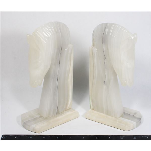 VINTAGE MCM WHITE AGATE ONYX TROJAN HORSE HEAD BOOKENDS