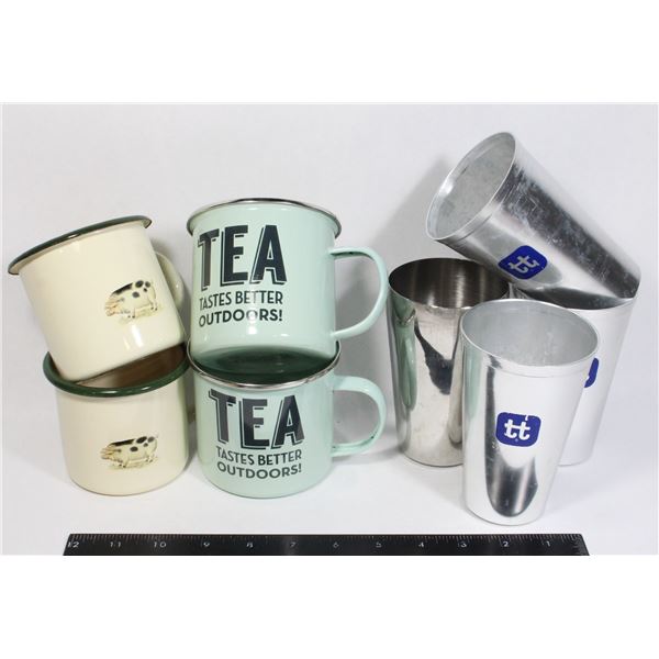8 METAL TIN CAMPING MUGS + HIBALLS