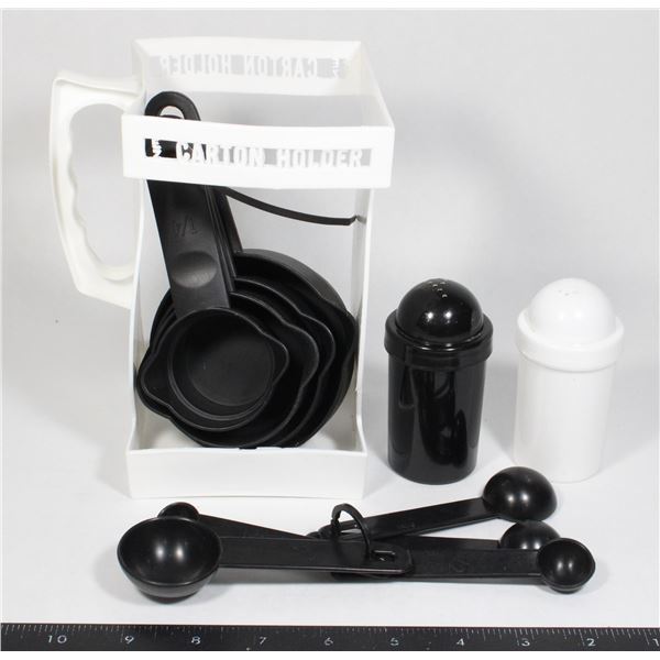 VINTAGE EZ CARTON HOLDER, MEASURING CUPS, SPOONS, AND SALT AND PEPPER SHAKERS